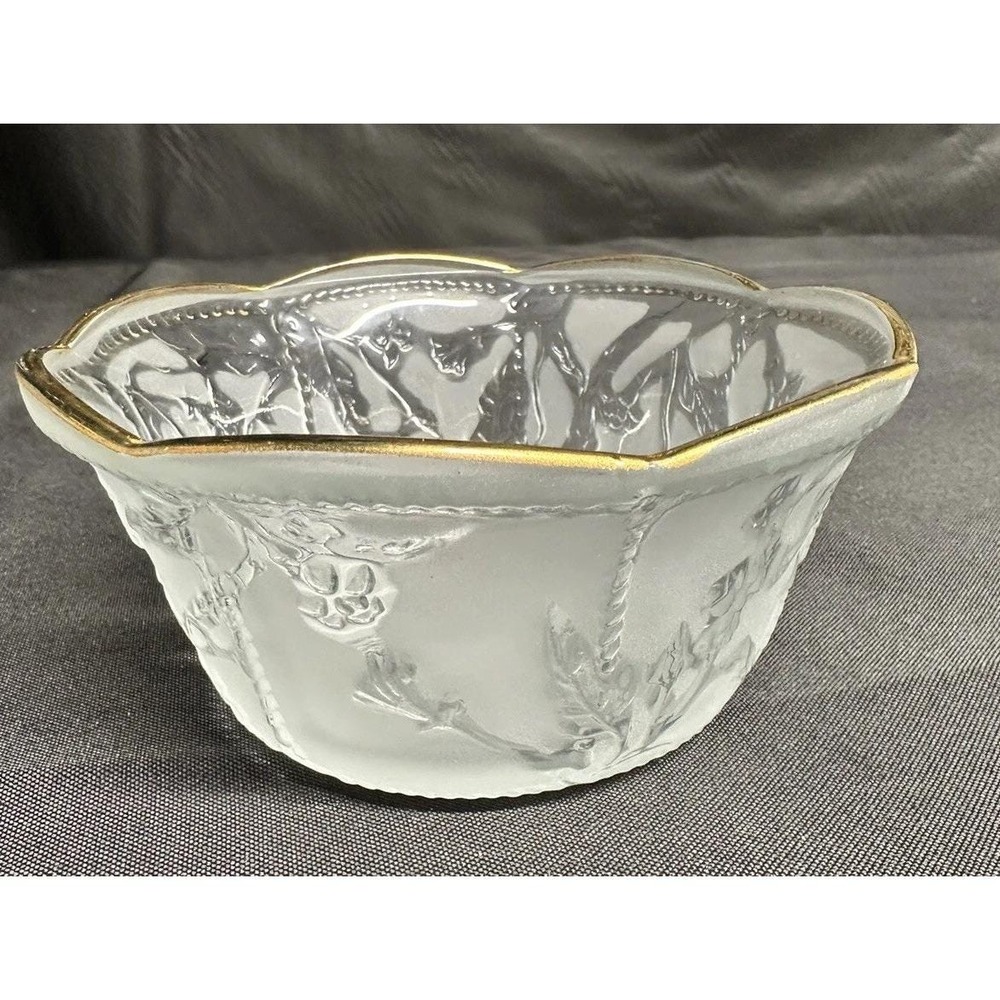 Vintage KIG Indonesia Frosted Glass Floral Candy Bowl Gold Rim Trinket Dish 5.5"